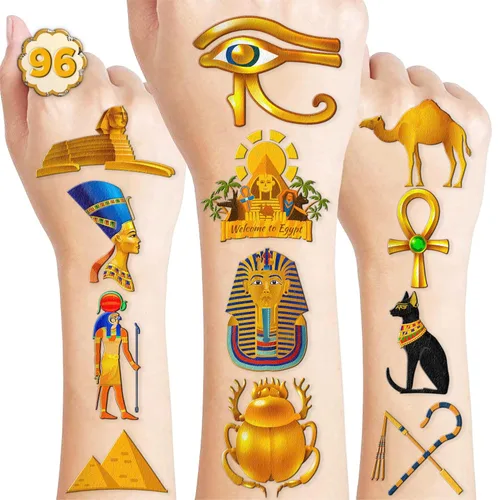 Vista 9 de 96 piezas de tatuajes temporales precortados del antiguo Egipto que brillan en la oscuridad, decoración de fiesta de cumpleaños, suministros