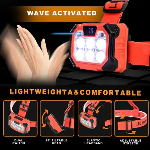 Vista 10 de Linterna frontal LED recargable con batería, 5 modos de luz, 1000 lúmenes, USB-C, impermeable, ultraligera, lámpara de cabeza, faros, herramientas
