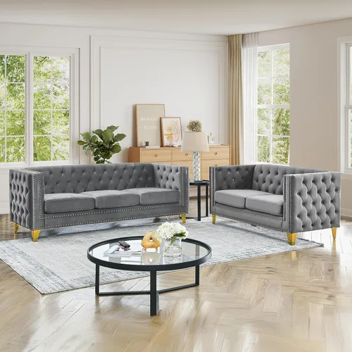 Vista 11 de JEEOHEY Juego de Sofás Chesterfield de 2, Sofá Moderno de Terciopelo con Capitoné y Ribete de Tachuelas, Sofá Tapizado de Asiento Profundo, Sofá