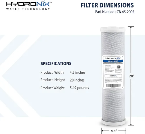 Vista 5 de Hydronix CB-45-2005 NSF Filtro de bloque de carbono de 4.5 pulgadas de diámetro externo x 20 pulgadas de largo, de 5 micrones.
