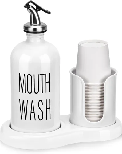 Vista 9 de Dispensador de Enjuague Bucal de Vidrio con Portavasos, BYAWAY Juego de Enjuague Bucal para Baño, Contenedor de Botella de Enjuague Bucal Recargable