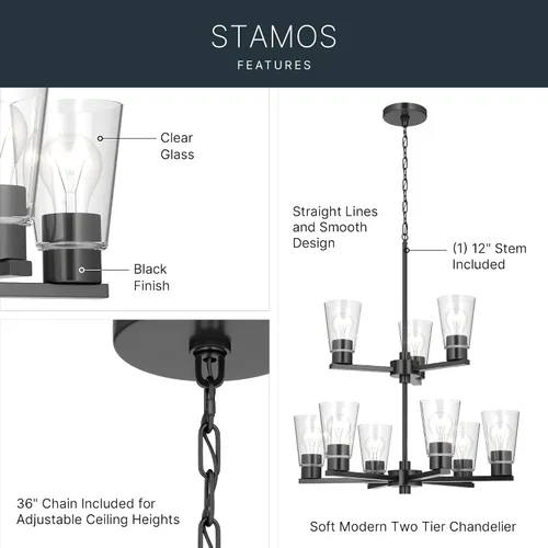 Vista 2 de Kichler Stamos - Lámpara de araña de 24 pulgadas, 9 luces, suave, moderna, de 2 niveles con vidrio transparente en bronce antiguo