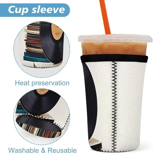 Vista 3 de Vinyl Records And Tapes Reusable Insulated Neoprene Iced Coffee Cup Sleeves 3 Sizes Diving Material Cup Durable Beverage Covers for Cold Coffee Tea