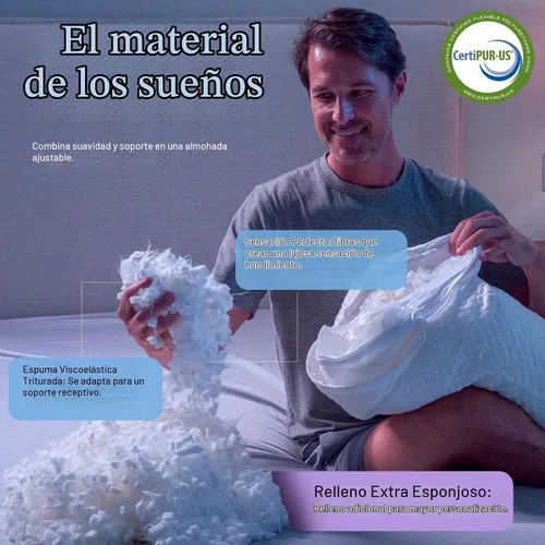Vista 3 de DreamyBlue Almohada Signature con Loft Ajustable • Relleno de Espuma Viscoelástica Triturada • Alineación Neutra para Personas que Duermen de Lado