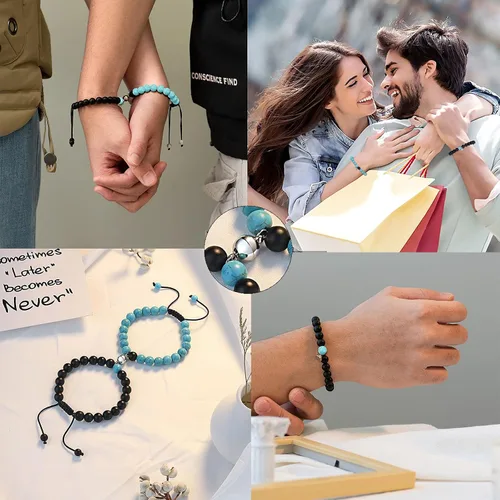 Vista 2 de KINGSIN - Juego de pulseras magnéticas de atracción mutua para parejas, brazaletes de ágata mate, dije de voto de amor eterno, ajustables, joyería