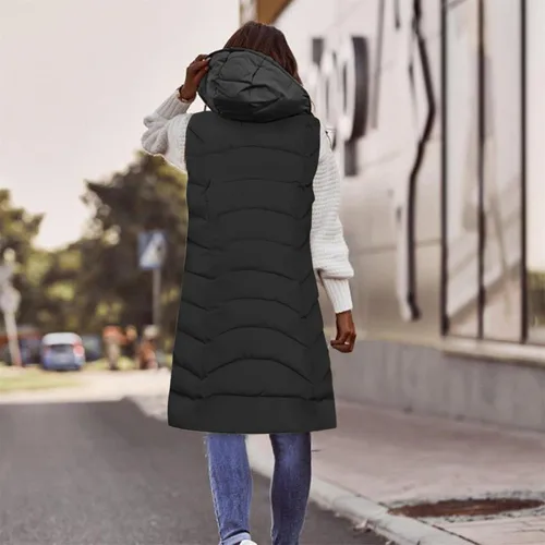 Vista 5 de OSFVNOXV Chaqueta larga acolchada para mujer, abrigo de invierno con cremallera completa, sin mangas, con capucha, cálidos, cortavientos gruesos