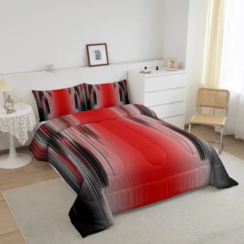 Vista 2 de jejeloiu Juego de edredón rojo y negro para niños y niñas, edredón rojo degradado, tamaño individual, geometría desordenada, óxido, juego de ropa