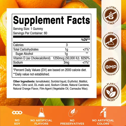 Vista 2 de Vitamatic Suplemento semanal de vitamina D3 sin azúcar de 50,000 UI - 60 gomitas a base de pectina Vitamina D de alta potencia para huesos, dientes