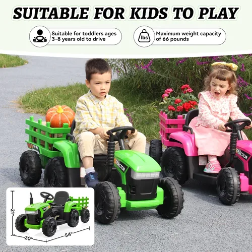 Vista 6 de TOBBI - Coche eléctrico para niños de 12 V con remolque, tractor para Verde