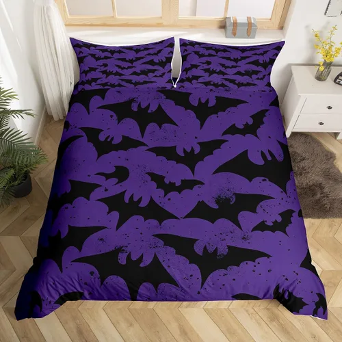 Vista 11 de Juego de ropa de cama de Halloween, funda de edredón gótica de murciélagos negros con telarañas, funda de edredón individual, diseño de arañas