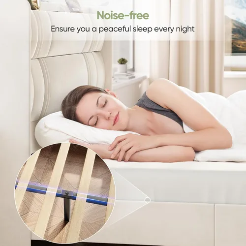 Vista 7 de Base de cama tamaño Queen con cabecera alta, plataforma tapizada de 52 pulgadas con estación de carga, marco de cama de terciopelo de lujo, cabecera