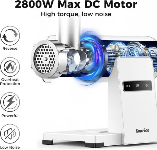 Vista 2 de Picadora de carne eléctrica para uso doméstico, potencia máxima de 2800 W, cuerpo de metal resistente con inversión automática, 2 cuchillas y 3