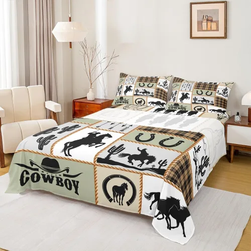 Vista 35 de Juego de sábanas para niños estilo vaquero occidental tamaño individual, juego de ropa de cama con diseño geométrico de cactus, decoración