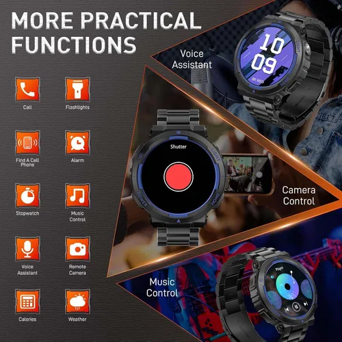Vista 8 de Relojes inteligentes militares para hombre (respuesta/hacer llamadas) con linterna LED 3ATM resistente al agua reloj inteligente con más de 100