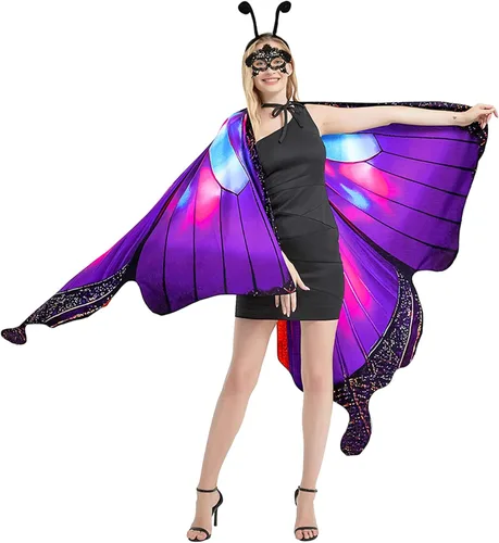 Vista 6 de Disfraz de mariposa de Halloween para mujeres y niñas, tamaño grande, alas de mariposa reversibles de doble cara para adultos y niños
