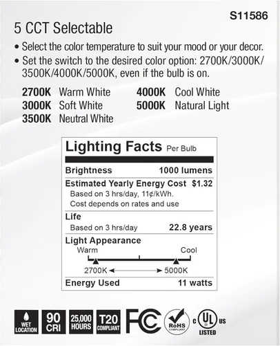 Vista 6 de Satco S11586; LED PAR30LN de 11 vatios; base media; acabado plateado; CCT seleccionable; 120 voltios; ángulo de haz de 40 grados