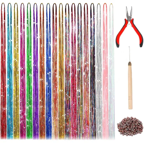 Vista 8 de FEBSNOW Tinsel Hair Extension, 47 Inch Glitter Rainbow Strands with Tool Multi 12 colores-1