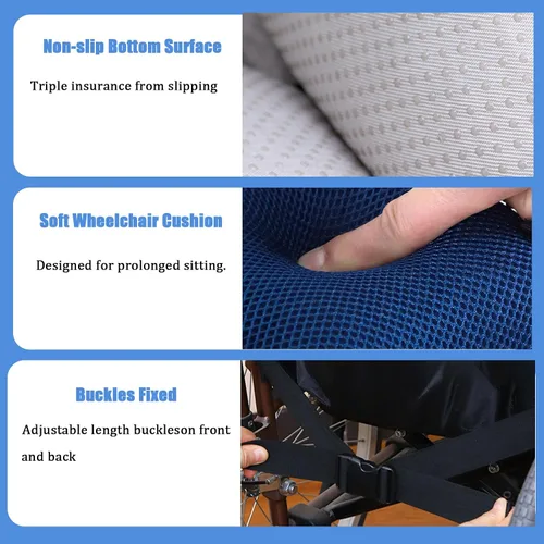 Vista 3 de Cojín de cuña con pomo para silla de ruedas, cojín transpirable para silla de ruedas con correas de asiento ajustables, almohadilla de asiento