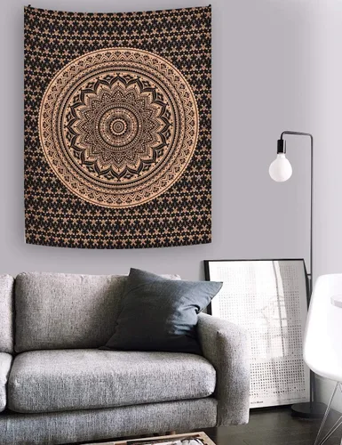Vista 4 de ANJANIYA - Tapiz para colgar en la pared, diseño de mandala, nuevo sombreado dorado, decoración de dormitorio, metálico, hippy, arte de muro