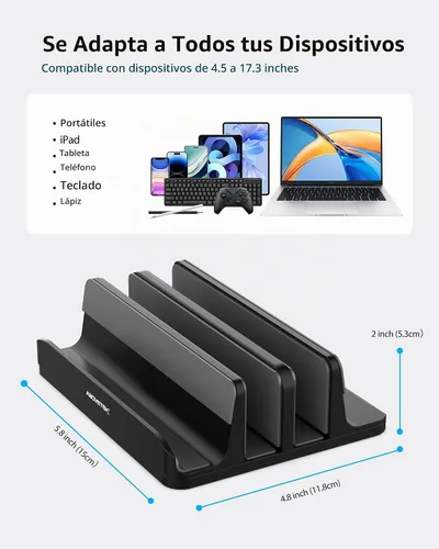 Vista 3 de Soporte vertical para portátil AboveTEK, soporte de escritorio de aluminio con 3 ranuras y base ajustable para tableta, MacBook, teléfono - Ajuste