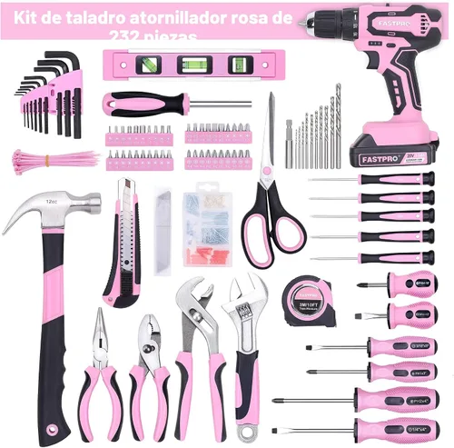 Vista 3 de FASTPRO 232 piezas 20 V Rosa inalámbrico Taladro de iones de litio y juego de herramientas para el hogar, kit de herramientas de reparación
