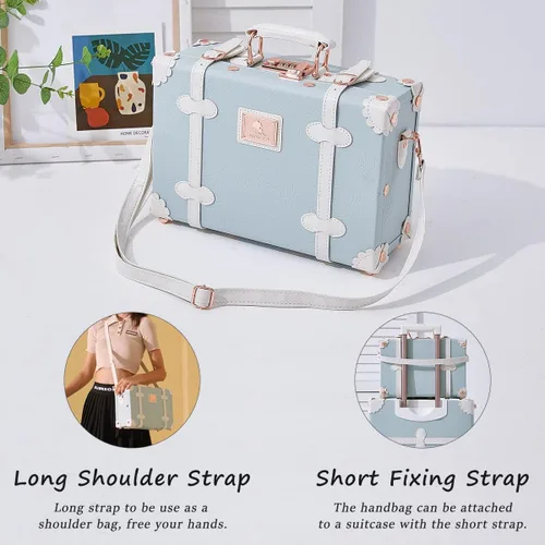 Vista 4 de Unitravel Juego de equipaje vintage de 2 piezas aprobado por la TSA para mujer bonita maleta con bolso repujado azul Estilo vintage