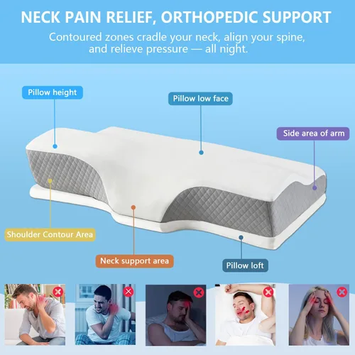 Vista 3 de Ergo - Almohada cervical cervical para el dolor de cuello, apnea del sueño y alivio de ronquidos, almohada para dormir de lado – Espuma