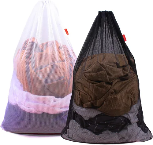 Vista 8 de Paquete de 2 bolsas de malla para lavandería, bolsa de 24 x 36 pulgadas con cordón resistente, fábricas, universidad, dormitorio, viajes y Negro