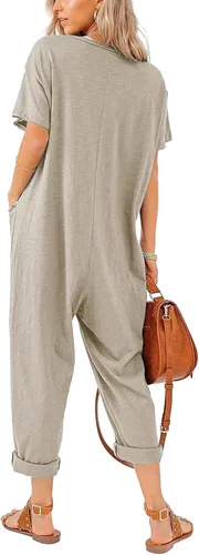 Vista 3 de Aoysky Oversize - Overol de una pieza con botones para mujer, casual, holgado, manga corta, cuello en V, pantalones largos