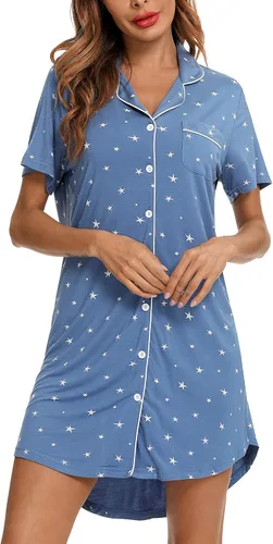 Vista 95 de Samring Camisón de pijama para mujer, manga corta/larga, con botones, camisón para dormir, camisón para novio, talla XXL