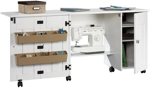 Vista 5 de BOWERY HILL Mesa de madera de ingeniería para coser o manualidades con superficie superior de melamina, almacenamiento detrás de la puerta