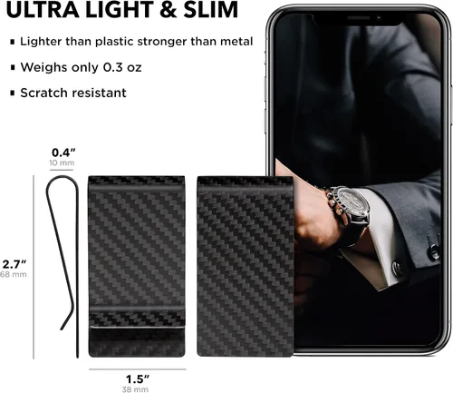 Vista 11 de SERMAN BRANDS Clip de dinero de fibra de carbono para hombres – Cartera delgada con clip de dinero RFID, bolsillo frontal minimalista, cartera EDC