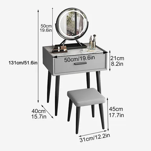 Vista 7 de Juego de mesa de tocador con espejo de brillo ajustable y taburete acolchado, mesa de maquillaje con cajón grande para mujeres, niñas pequeñas Gris