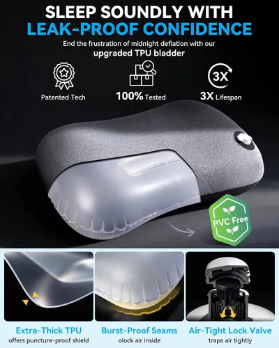 Vista 4 de Almohada de camping Hikenture con funda extraíble - Almohada ultraligera e inflable para soporte lumbar y cervical - Almohada de mochila mejorada