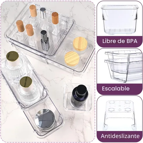 Vista 3 de Organizador de cajones transparente de 14 piezas, caja de almacenamiento de cajones ajustables, organizador de cajones de escritorio de 3 tamaños