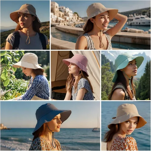 Vista 7 de Women's Cotton Sun Hat with Neck Flap, UV Protection Wide Brim Outdoor Hat Caqui