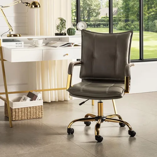 Vista 13 de HULALA HOME Silla de escritorio de piel sintética para oficina en casa, silla giratoria ajustable para computadora con patas y brazos dorados, silla