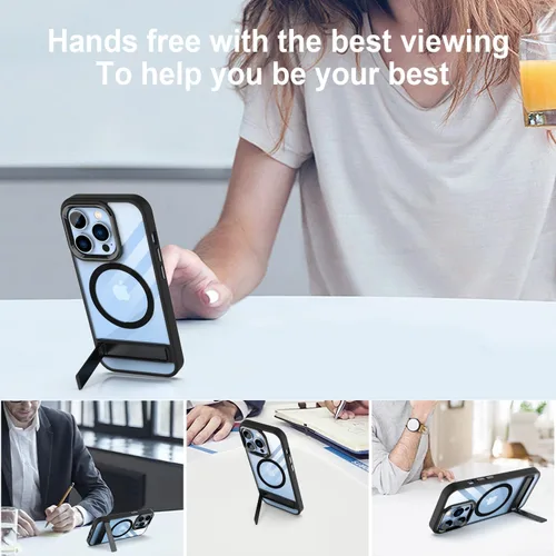Vista 2 de DOB SECHS Funda transparente de metal compatible con Magsafe para iPhone 13 Pro Max, con botón de aleación de aluminio, soporte de 3 vías