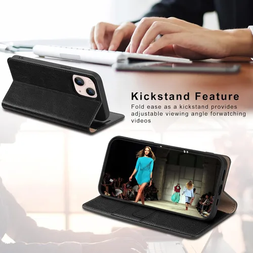 Vista 7 de Belemay Funda compatible con iPhone 14, funda tipo cartera de piel auténtica, tarjetero con bloqueo RFID, carcasa de poliuretano termoplástico a