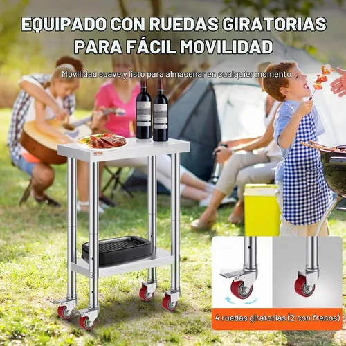 Vista 4 de Vevor Mesa de trabajo de acero inoxidable con ruedas de 24 x 12 x 32 pulgadas, mesa de preparación con 4 ruedas, mesa de trabajo resistente