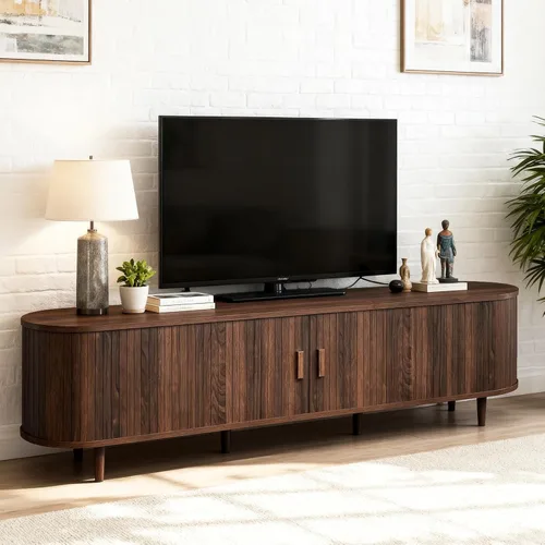 Vista 11 de Soporte de TV moderno de mediados de siglo de 58 pulgadas, consolas de TV de madera con puertas correderas y toma de corriente, centro