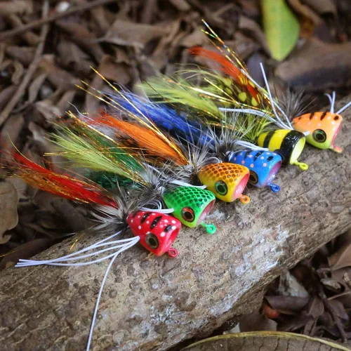Vista 5 de Popper-Flies-para-mosca-pesca-topwater-panfish-bluegill-bajo-poppers moscas insectos señuelos A-Bass Poppers Flies-12pcs