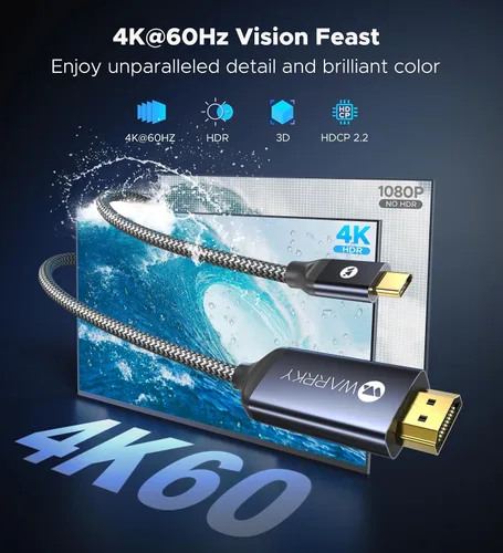 Vista 2 de Warrky Cable USB C a HDMI de 3.3 pies (4K@60Hz) [Carcasa de Aluminio, Conector Chapado en Oro] Cable Tipo-C a HDMI 2.0, Thunderbolt 4/3 Compatible