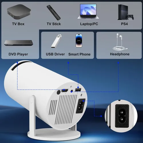 Vista 8 de FEARWIKY Mini proyector con WIFI 5G y Bluetooth, soporte 4K 1080P Proyector portátil giratorio de 180° Proyector de película de pantalla de 130