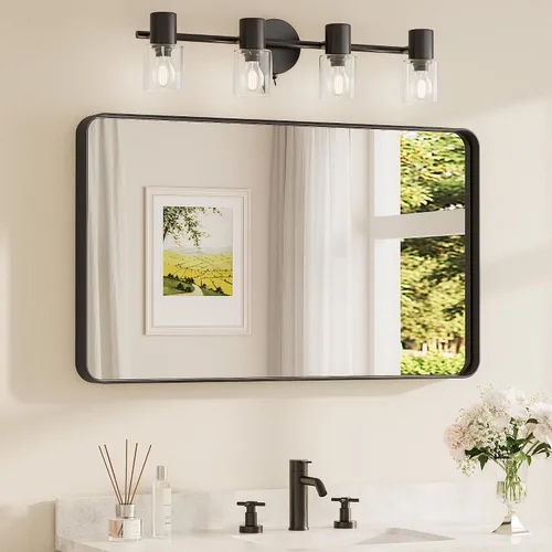 Vista 111 de Espejo de marco dorado cepillado de 16 x 24 pulgadas, espejo de tocador de baño de latón dorado para pared, espejo enmarcado rectangular de esquina