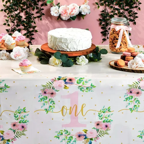 Vista 4 de Paquete de 3 manteles florales de plástico para suministros de fiesta de primer cumpleaños de bebé niña (54 x 108 pulgadas)