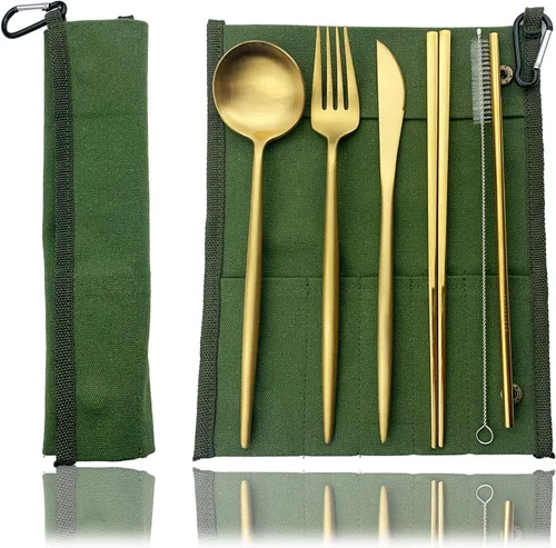 Vista 11 de JASHII Juego de cubiertos de viaje de acero inoxidable, tenedor, cuchara, cuchillo, pajilla, cubiertos reutilizables con estuche, juego de Rosa