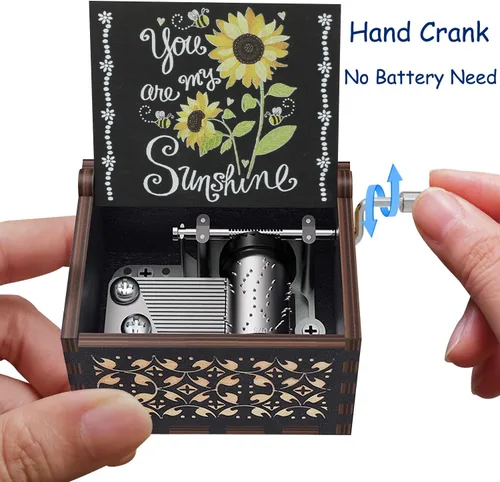 Vista 3 de Huntmic You are My Sunshine - Cajas de música de girasoles, manivela de madera grabada, caja musical antigua de regalo para niños, amigos, amantes