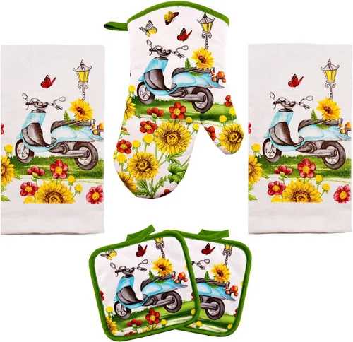 Vista 12 de Encantador juego de toallas de cocina de 5 piezas: diseño de chef uniforme y regordete, incluye 2 paños decorativos (25 x 15), 1 guante de horno y 2