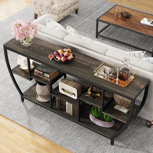Vista 4 de Tribesigns Mesa de sofá de 70.9 pulgadas de largo con estantes, mesa consola rústica con almacenamiento, mesa de entrada industrial, soporte de TV